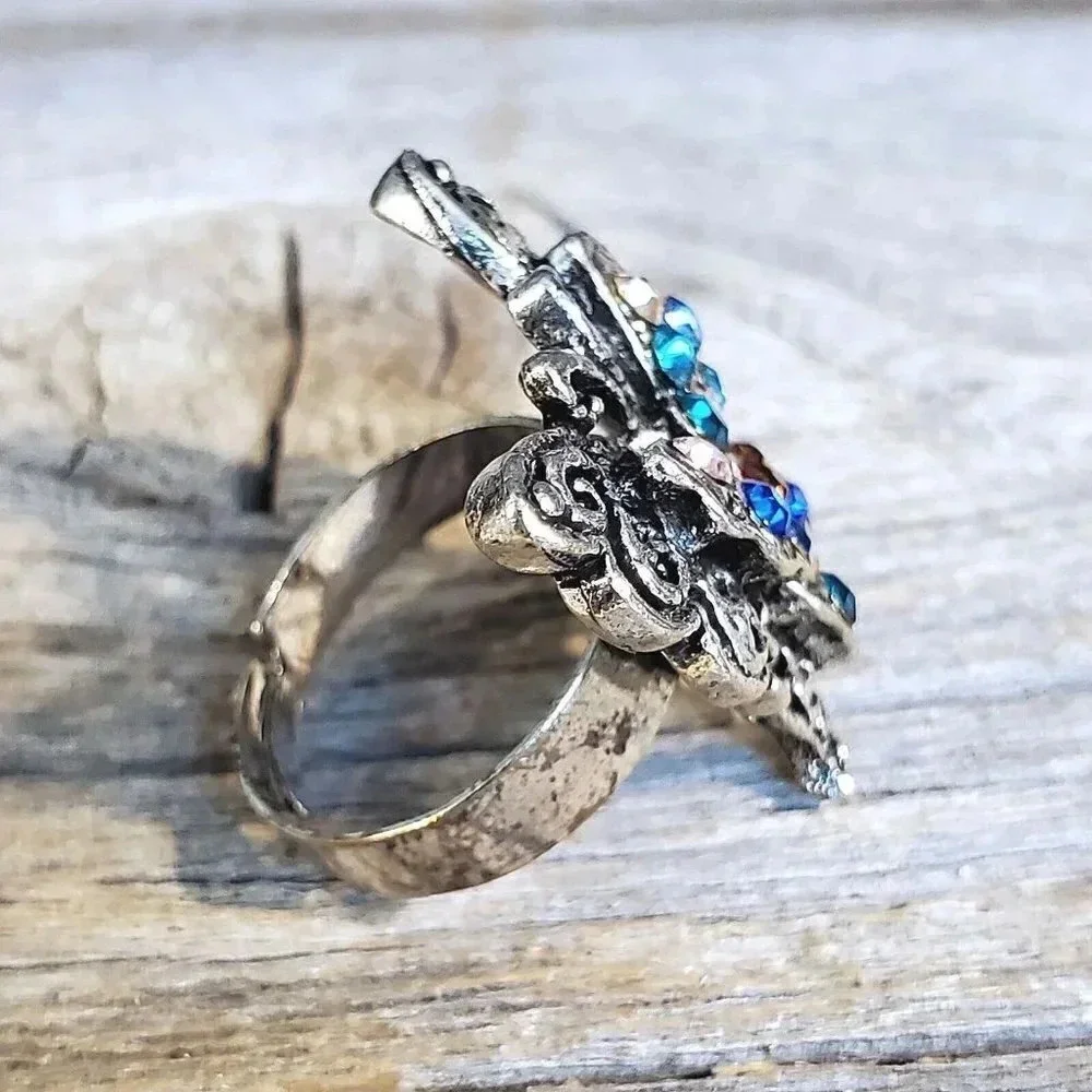 Vintage Y2K 90s Multicolor Crystal Butterfly Silver Adjustable Cocktail Ring